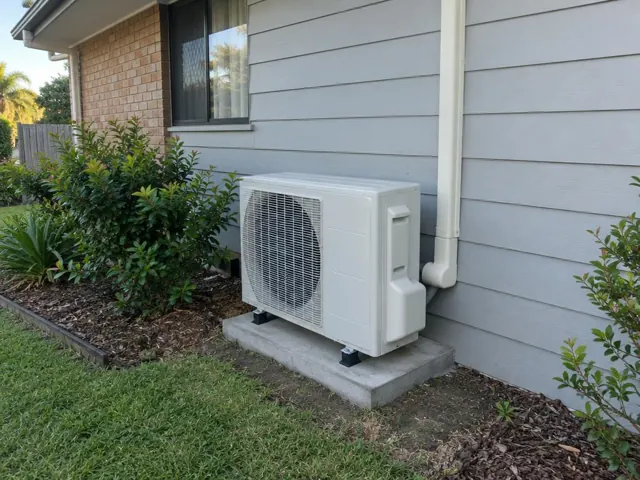 Outdoor air conditioner unit on a concrete pad beside a grey weatherboard house in Maudsland